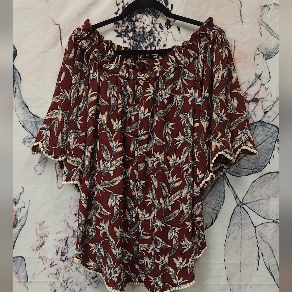 Umgee Boho Maroon floral Off Shoulder blouse XL half sleeve - Picture 3 of 5